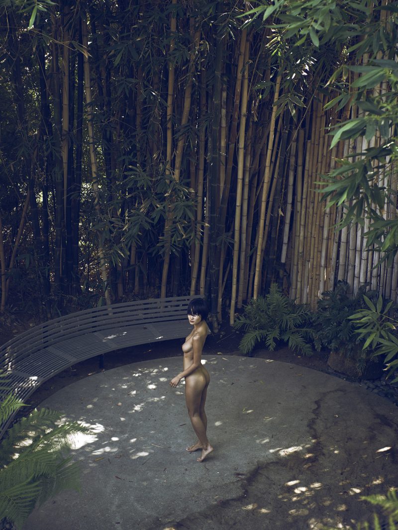 Naked girl in front of bamboo trees by Stefan Rappo